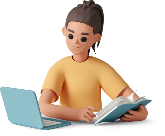 Girl studying with book and laptop